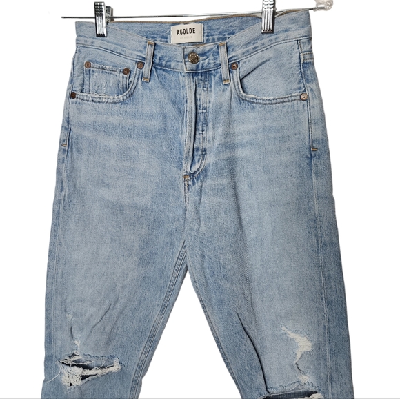 Agolde Riley Crop Jeans High Rise Light Wash Distressed Knees Size 26 Women's - Picture 3 of 10